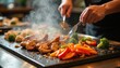 © Pete - Chef cooks shrimp and vegetables on a hot teppanyaki grill. Steam rises as food sizzles on the flat iron griddle. Preparation of Japanese cuisine involves fresh ingredients.
