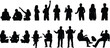 © anisur-creatives - Silhouette people in seated and standing poses, gesture icons for communication, business meeting, teamwork, body language vector illustration