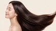 © MuzammilZia - Side profile of a beautiful Asian woman smiling with closed eyes, showcasing her healthy, smooth, long dark brown hair flowing in motion against a neutral background.