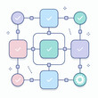 © Sohana - Create a flat minimalist vector illustration of a workflow process diagram with geometric shapes and checkmarks in a modern digital environment from a top-down viewpoint