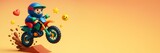 Cartoon biker jumping on dirt bike with fun emoji elements on colorful background, wide empty space on right for copy or design template use. Ai generative