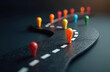 © Viktor - Colorful markers on winding road path show journey progress and future goals. This visual metaphor represents strategy planning and decision making for business growth and life.