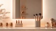 © Nighat - Elegant makeup vanity setup with organized beauty products brushes in holder and soft ambient lighting reflecting a luxurious and serene morning routine ambiance
