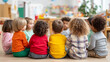 © Olha Havelia - Faceless group of diverse children sitting in a circle on a colorful classroom floor, listening intently to a story, Knowledge For All concept, inclusive early education, bright ch