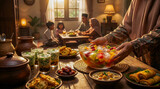 Ramadan Iftar Gathering with Traditional Desserts at Home. A warm family iftar moment during Ramadan with traditional Indonesian desserts and colorful fruit punch served on a rustic wooden table.
