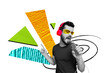 © deagreez - Composite photo collage of happy excited guy gold iphone device wear wired headphones music relax dance isolated on painted background