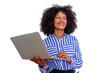 © Komora - Happy black woman working with laptop, smiling, looking away, using technology, standing on transparent background