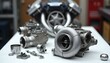 © Maryna - Turbocharger components and engine parts laid out on a clean workshop table. These are vital for automotive performance upgrades and car tuning. Ready for installation.