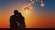 © Strange - Romantic silhouetted couple watching sky lanterns ascend into a gradient sunset digital illustration