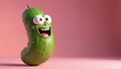 © Maryna - Happy cartoon pickle character with big eyes and wide smile. This joyful green vegetable is rendered in 3D on a soft pink background. It looks funny and friendly.