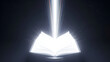 © Jhon - Cinematic view: a futuristic, glowing book on a pedestal bursts pure white, iridescent light, illuminating a dark cosmic background. Ideal for sci-fi, fantasy, spiritual awakening,