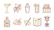 © TurabulHasan - Collection of 10 minimalist line art cocktail bar icons featuring a bartender, shaker, martini glass, spirits bottle, bar stool, menu, and garnishes, ideal for restaurant branding and menu design.