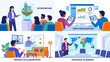 © MUKTA - Flat Vector Illustration Set of 4 Business Scenes: Augmented Reality AR Showcase, Data Visualization with Interactive Charts, Remote Collaboration via Hologram, and Strategic Global Planning.