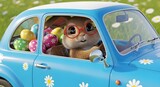 A bespectacled bunny drives a blue car filled with decorated eggs, on a daisy-filled day