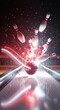 © Margarita Ratatosk - Red bowling ball with light trails striking pins on lane. Dynamic concept of sport, competition, and tournament with a blast effect.