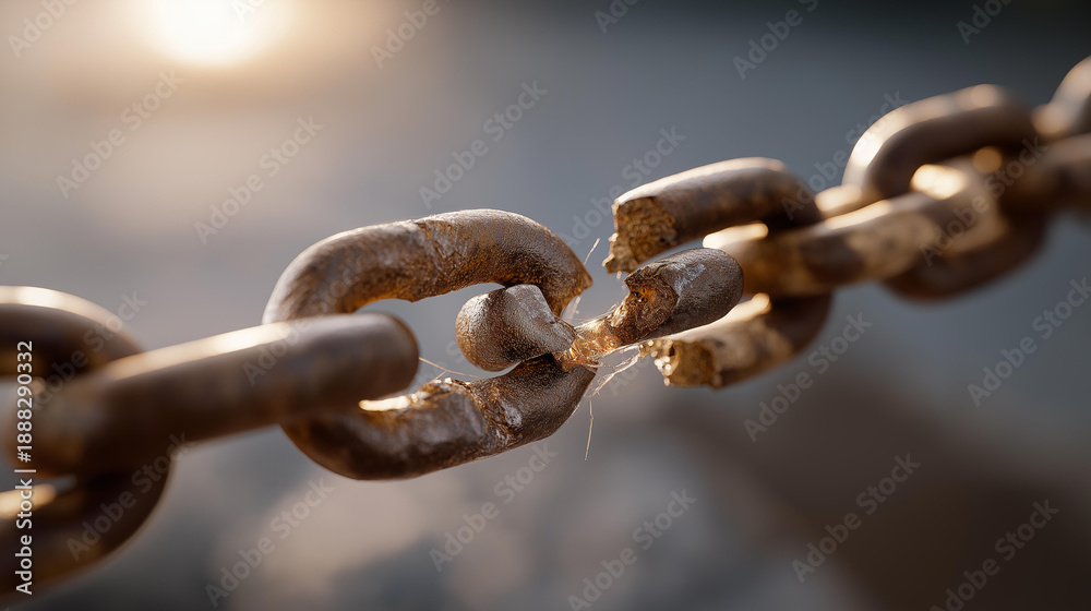 Mechanical failure concept with a broken metal chain link, exposed ...