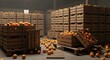 © florynstudio3 - Wooden crates overflow with freshly harvested oranges, stacked in a dimly lit warehouse