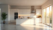 © Vadym - Modern white kitchen bathed in warm morning sunbeams. Sleek cabinets, island, and appliances create a bright, airy, and clean space. Perfect for home decor blogs.