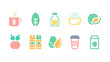 © Art by ChannaronG - Healthy Lifestyle Food Icons, Minimal flat vector icon pack of 10 healthy lifestyle foods and drinks with clean geometry, perfect for wellness apps, nutrition branding, and UI design.