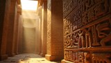 Stone columns with ancient egyptian hieroglyphs inside old temple hall. Sun rays stream through opening in ceiling onto stone floor. Detailed carvings show figures, symbols of past civilisation.