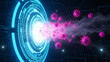 © prabu - Futuristic digital portal unleashing a swarm of glowing virus particles into a cyberspace environment, symbolizing a technological breach or biological outbreak