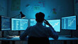 © Pete - Man works late at night with multiple computer monitors displaying charts and code. He is focused on data analysis in a dimly lit room, showing intense concentration and dedication to his task.