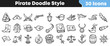 © Vectoravec - Collection of thirty hand drawn pirate themed doodle icons featuring classic maritime symbols and adventure equipment for graphic design use