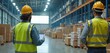 © Viktor - Two men in safety vests and hard hats check inventory inside a large warehouse. One man holds a tablet looking at data. Boxes are stacked on shelves and pallets.