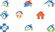 © MstBabli - Real estate and community logo set featuring various house icons with sun leaves medical cross and happy human figures.