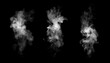 © wasan - Set of three abstract white smoke or vapor shapes isolated on black background, realistic fog texture for overlay and visual effects, steam movement, mystery atmosphere, dramatic design element.