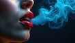 © Maryna - Woman red glitter lips exhale blue smoke. Shiny wet lipstick creates seductive look. Smoky, alluring effect for beauty or fashion concepts. Dark background.