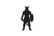 © Shahadat - Silhouette of a fierce viking warrior wearing horned helmet with sword and shield standing powerfully isolated on white background.