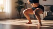 © startang141 - A person performing a deep squat exercise barefoot on a wooden floor in a sunlit home interior, focusing on fitness and leg strength.