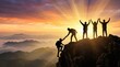 © DailyStock - Silhouettes of triumphant people on a mountain peak with arms raised at sunrise summit