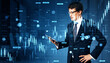 © Who is Danny - Businessman analyzing financial data on smartphone with stock market graph overlay in abstract digital concept background.