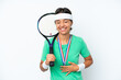 © luismolinero - Young tennis player woman isolated on white background smiling a lot