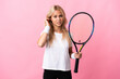 © luismolinero - Young Russian woman playing tennis isolated on purple background frustrated and covering ears