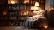 © stock99 - Cozy reading nook with armchair and bookshelf lit by warm lamp light