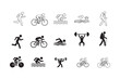 © Vector Disigner - fitness activities icon set, running, walking, swimming, cycling, hiking, gym icon set in outline and silhouette style , vector illustration
