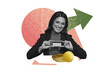 © deagreez - Picture collage young smile cheerful lady credit card banker golden coins success arrow growth finance earnings load funds