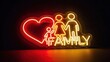 © Qisi - Radiant neon artwork depicting a united family silhouette with a loving heart motif