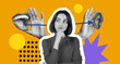 © Prostock-studio - A collage shows a woman deep in thought surrounded by hands. One hand has an open mouth and the other has an ear. The background is bright with shapes and patterns related to communication.