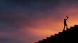 © Firadoaw - Stairway to success: businessman climbing steps, holding trophy high, dramatic fiery sunset, inspirational and cinematic, generative AI
