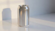 © Ami - Aluminum soda can mockup on reflective white surface with bright sunlight and window shadows for beverage branding and refreshing soft drink concept