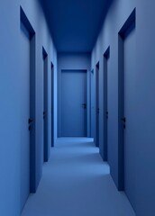  Stunning Blue Corridor with Monochrome Doors and Infinite Perspective