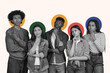 © Prostock-studio - Five individuals stand together, each with a thoughtful pose. They wear casual outfits and interact with colored circular backgrounds. The setting feels modern and focused on expression.