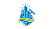 © dedi - Modern city skyline with cleaning squeegee and sparkling elements.