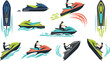 © MdMojnu - Modern Jet Ski Rider Vector Illustration Set with Dynamic Water Splash Trails for Summer Ocean Sports, Marine Recreation, and Extreme Adventure Designs