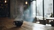 © LU - crema. Steaming latte on a rustic cafe table with soft morning light and a warm, blurred background. bar promotions, beverage menus, designed for product packaging and bar promotions.