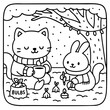 © AmazingArt - A cute illustration of a cat and a rabbit sitting together outdoors, enjoying a cozy moment with drinks and decorations, surrounded by nature.